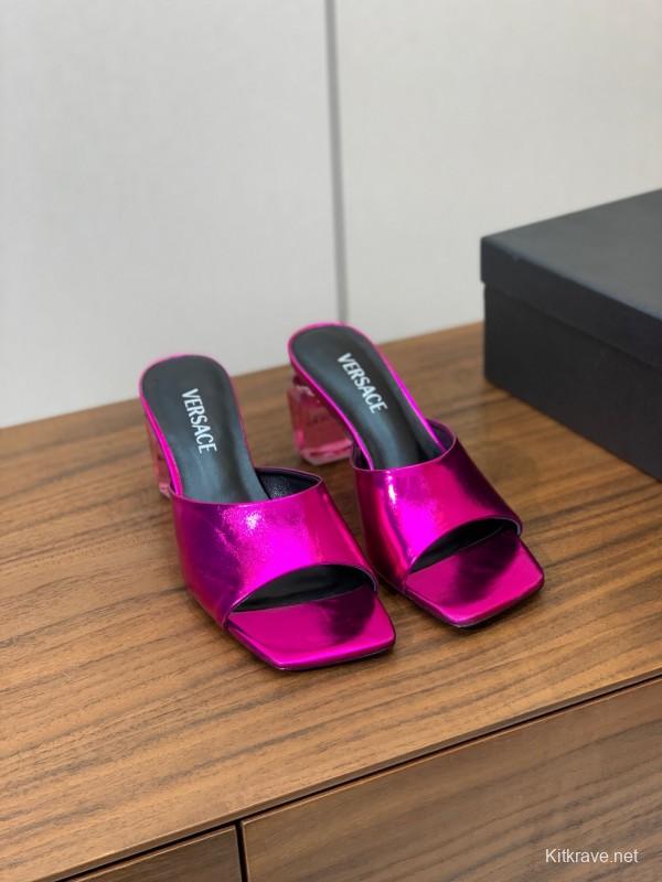 2025 Women VERSACE Pink Leather Slippers