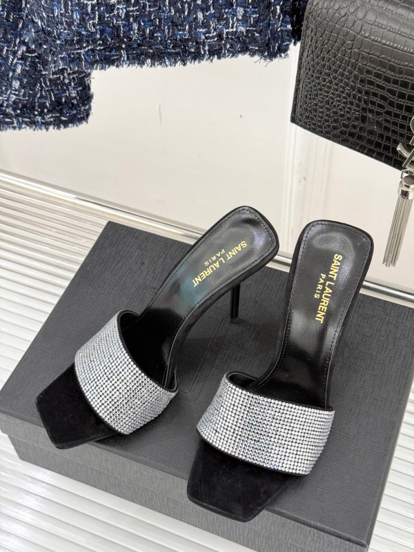 2025 Women Yves Saint Laurent Black Silver Crystal Leather Heeled Slippers LY00300