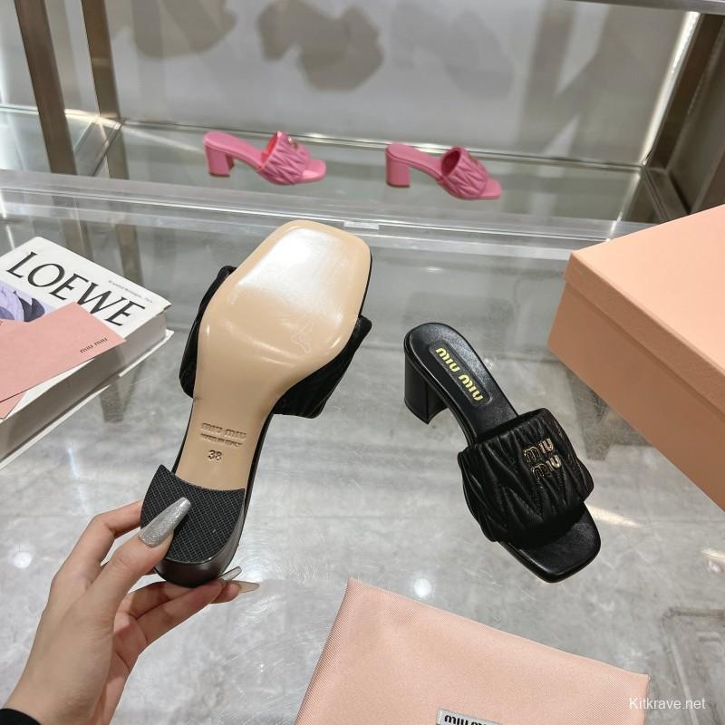 2025 Women Miu Miu Black Leather Sandals