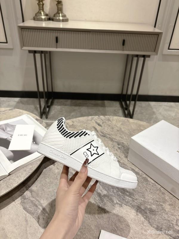 2025 Women Dior White Knit Leather Sneakers Star Logo KFY00330