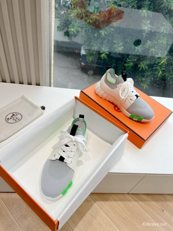2024 Unisex Hermès White Green Calfskin Suede Sneakers MJ00290