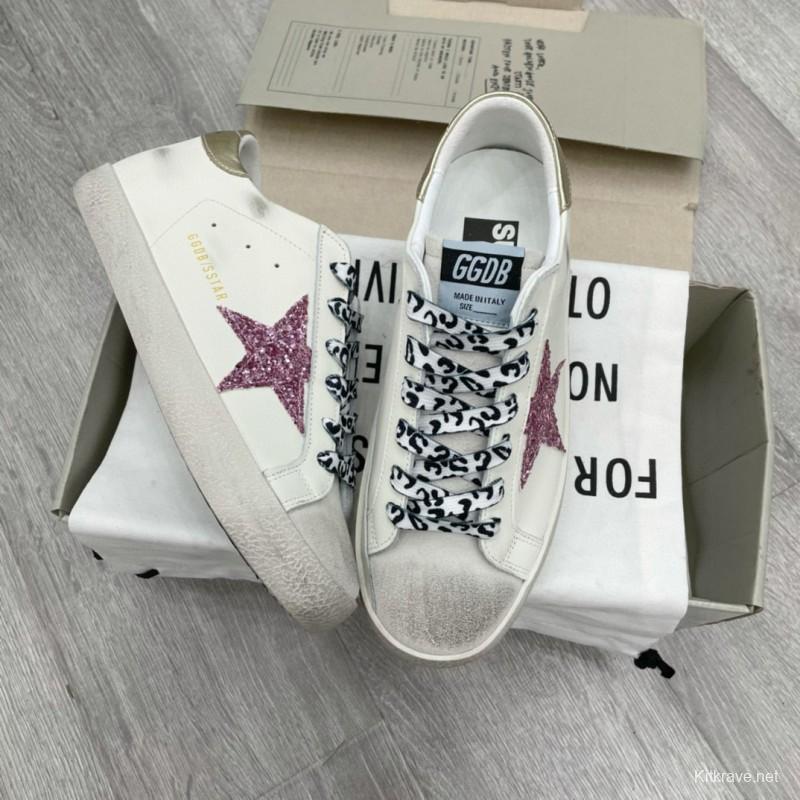 2025 Women GGDB White Pink Leather Sneakers Glitter Star