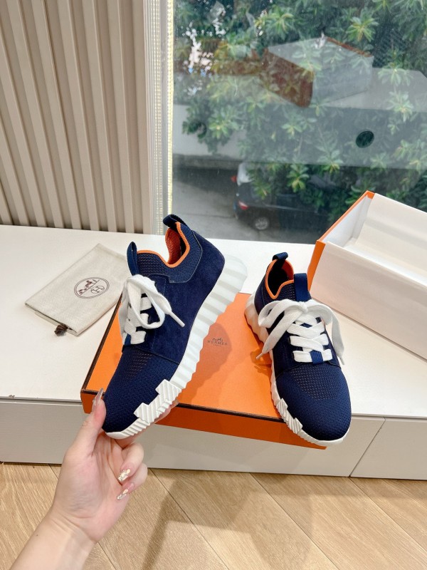 2024 Unisex Hermès Navy Brown Calfskin Suede Knit Sneakers MJ00290
