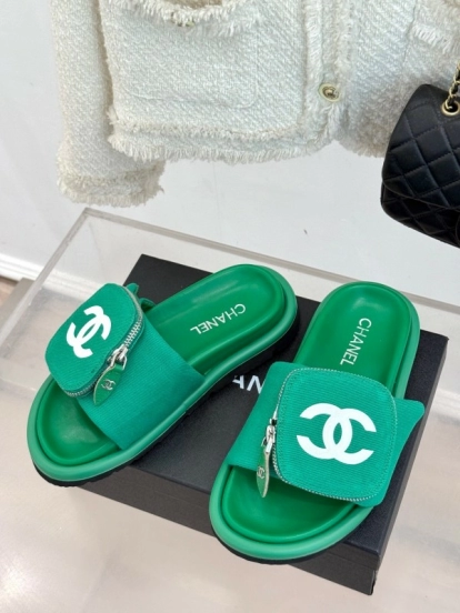 2025 Slippers Chanel Green Canvas Women Slippers KFY00220