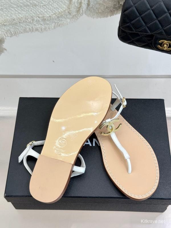 2025 Women Chanel White Leather Sandals KFY00290