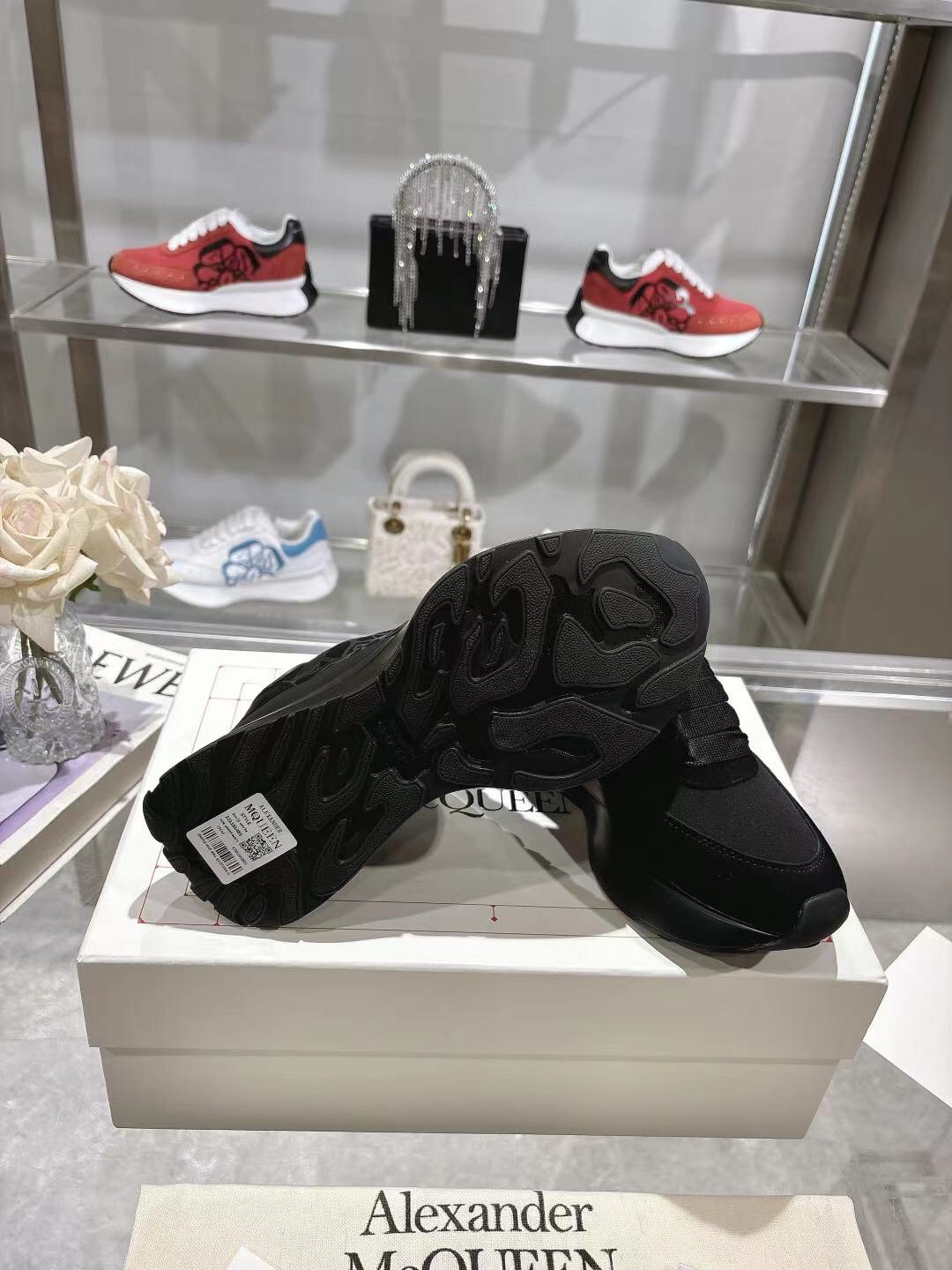 2025 Women Alexander McQueen Black Leather Mesh Sneakers LY00340