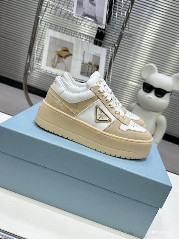 2025 Women Prada White Beige Leather Sneakers