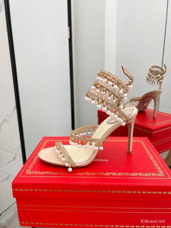 2025 Women RC Champagne Leather Crystal Pearl High Heel Sandal LY00360