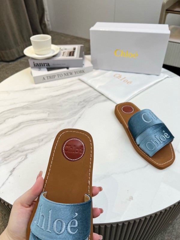 2025 Women Chloé Blue Denim Leather Slippers LY00200