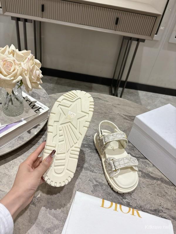 2025 Women Dior White Fabric Leather Sandals KFY00300