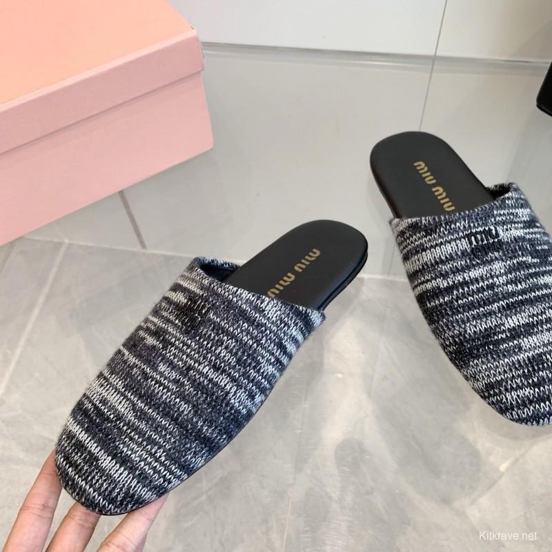 2025 Women Miu Miu Black White Knit Leather Slippers