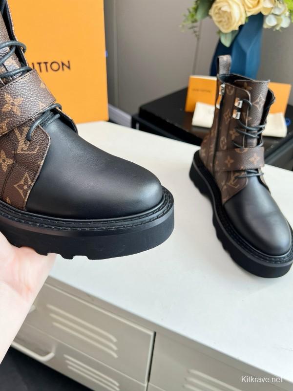 2024 Women Louis Vuitton Brown Black Leather Ankle Boots MJ00310