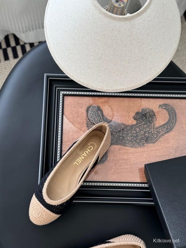 2025 Women Chanel Black Beige Knit Ballet Flats