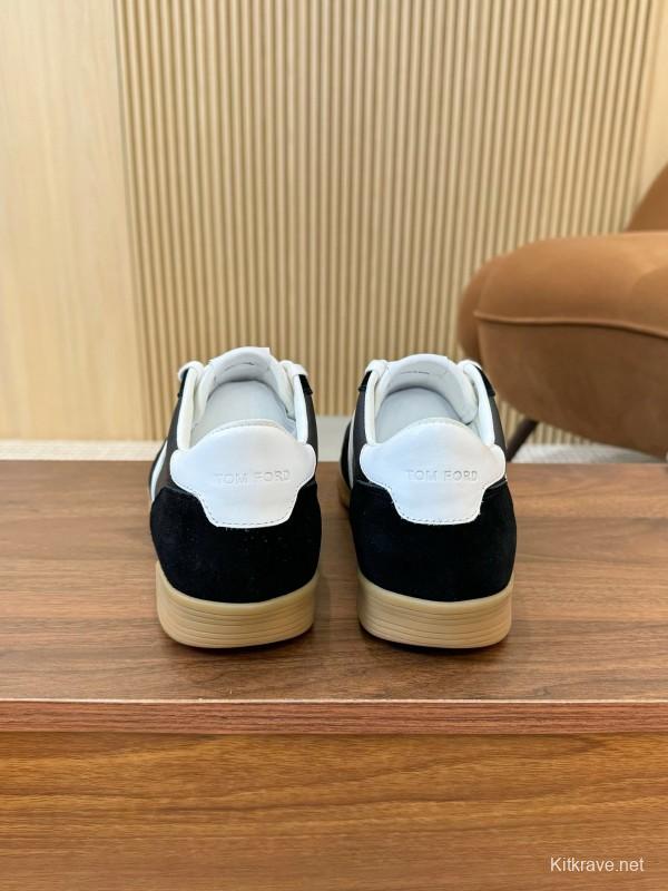 2025 Unisex TOM FORD Black White Leather Suede Sneakers Classic Contrasting LY00360