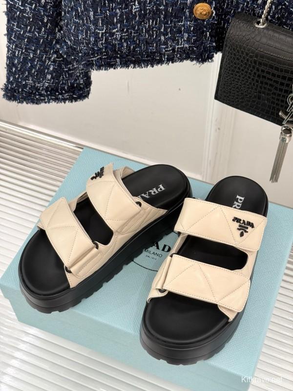 2025 Slippers Prada Beige Leather Magic Tape Platform Thick Sole