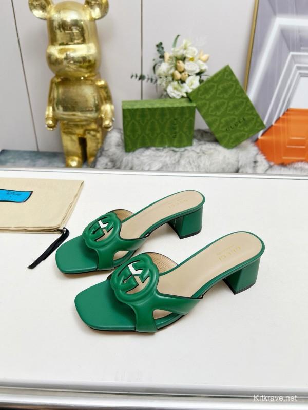 2025 Gucci Green Leather Slippers MJ00190/225