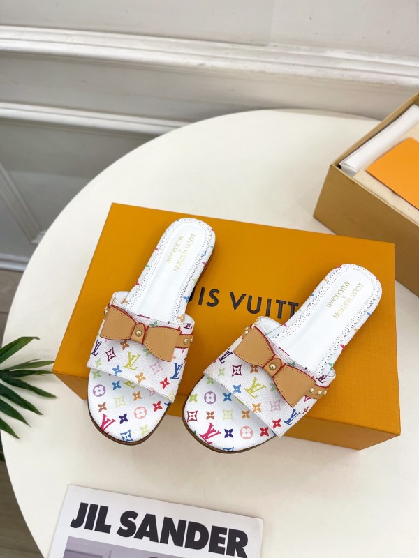 2025 Women Louis Vuitton White Multicolor Leather Slippers KFY00290