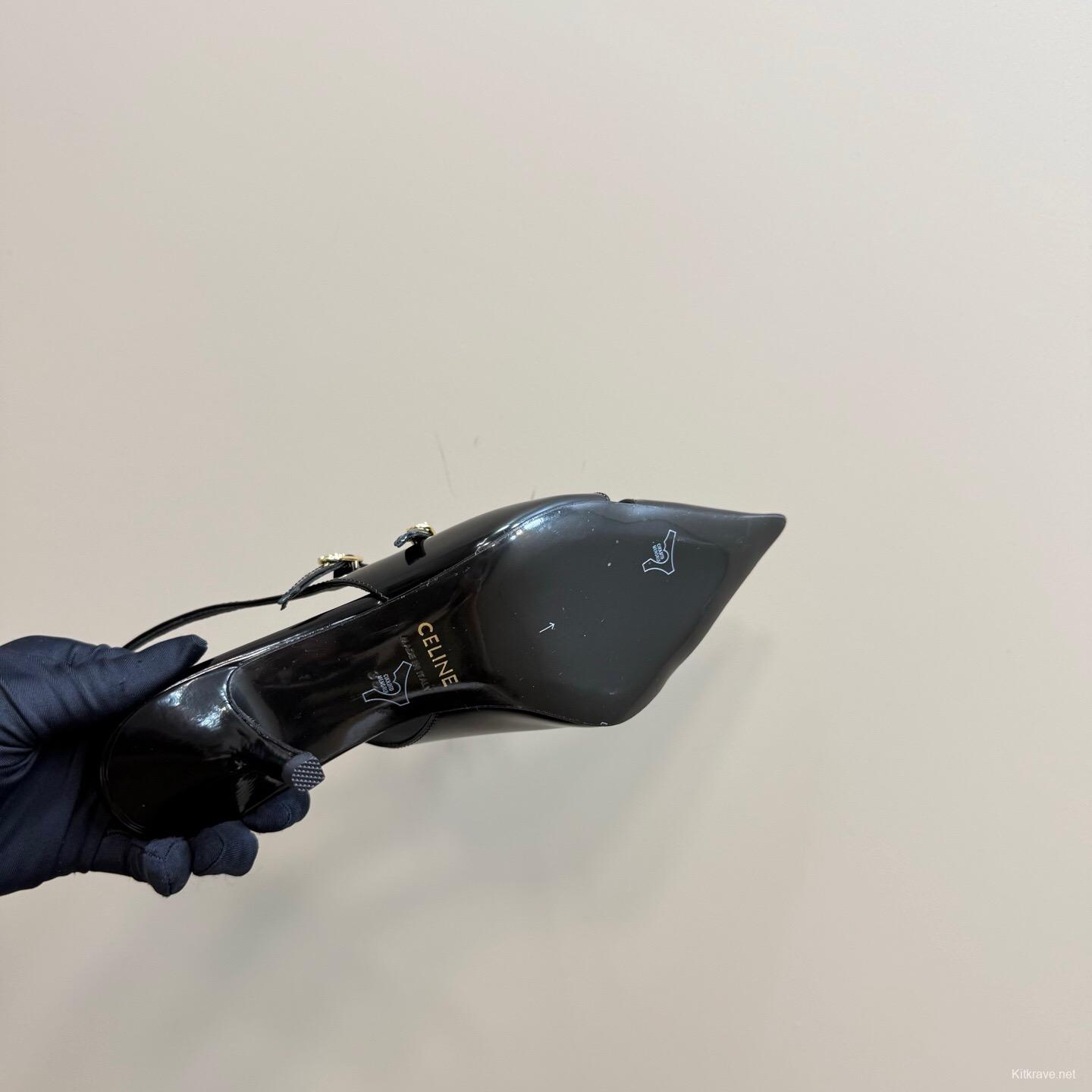 2025 Women CELINE Black Patent Leather Pointed Toe Slingback Heels