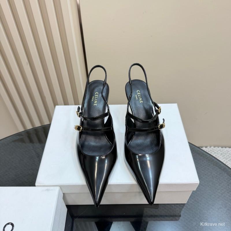 2025 Women CELINE Black Patent Leather Slingback Heels