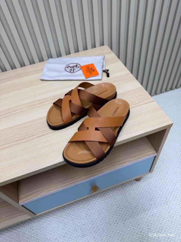 2025 Men Hermès Brown Leather Slippers