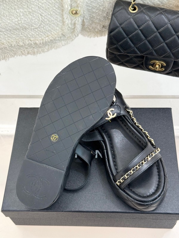 2025 Women Chanel Black Lambskin Platform Sandals Chain KFY00270