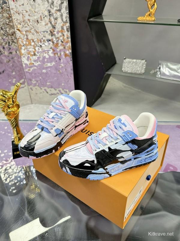 2024 Unisex Louis Vuitton Pink Blue Black Leather Denim Plimsolls Hand-Painted MJ00780