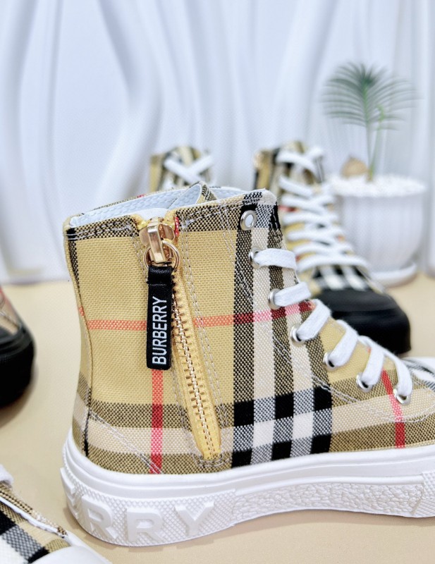 2024 Kids Burberry Beige Black White Canvas Leather High-top Sneakers