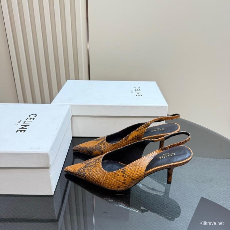 2025 Women Celine Brown Snakeskin Leather Slingback Heels