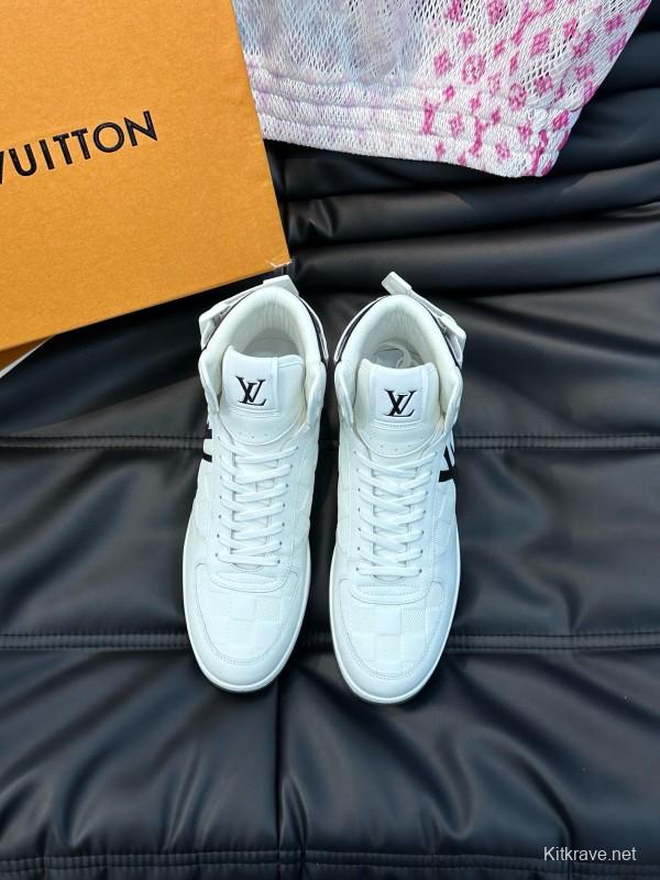 2024 Men Louis Vuitton White Black Leather High-Top Sneakers MJ00420