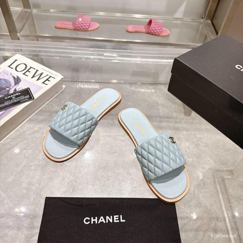 2025 Women Chanel Light Blue Lambskin Slippers