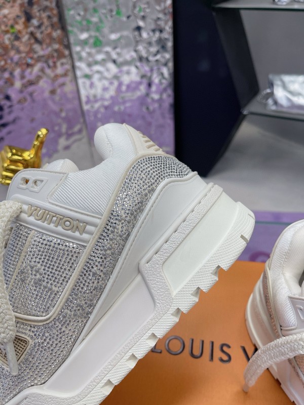 2024 Unisex Louis Vuitton White Silver Leather Trainers Crystal Embellished MJ00430