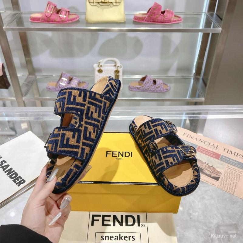 2025 Slippers Fendi Blue Brown Jacquard FF Pattern MJ00230