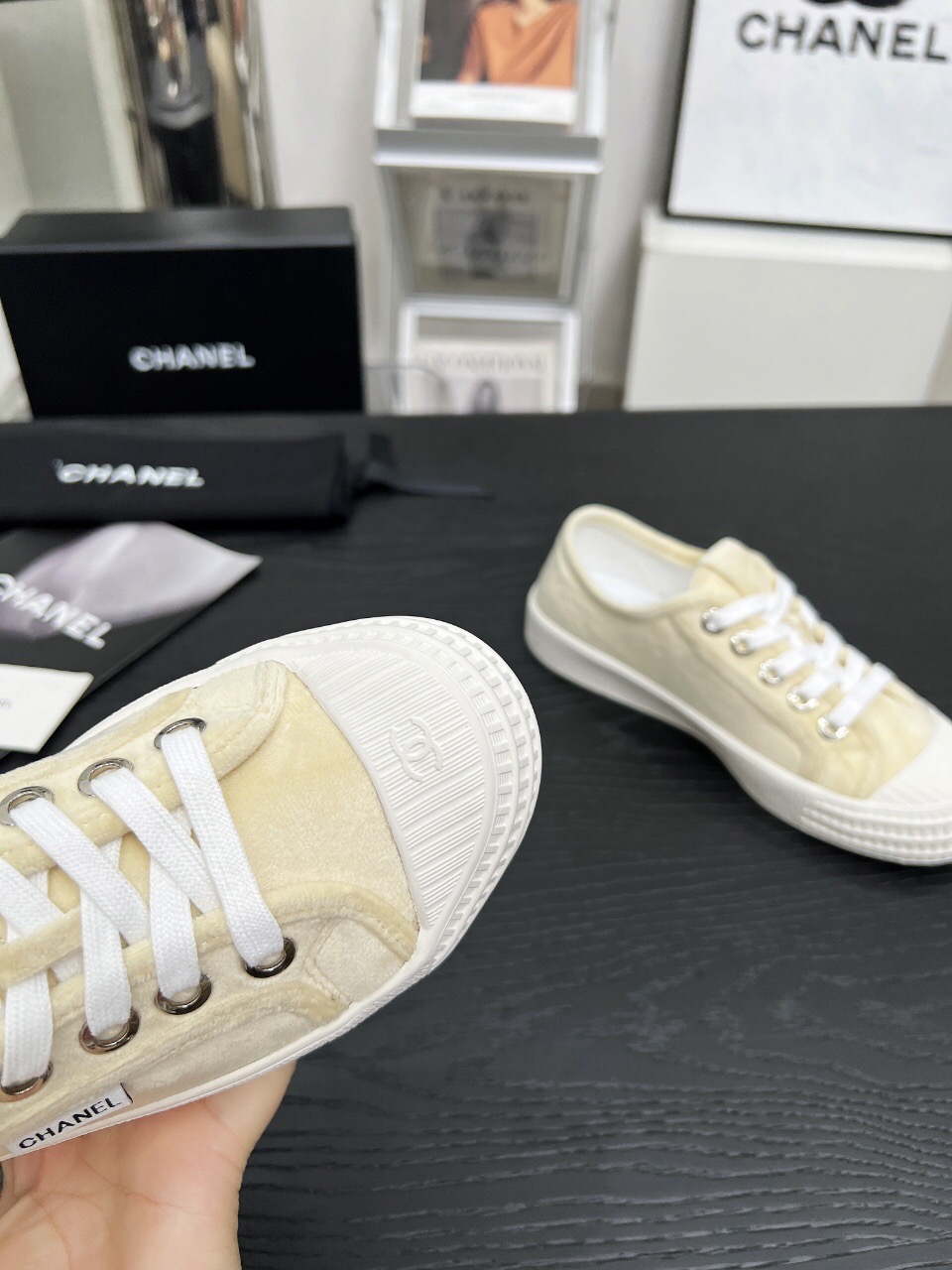 2025 Women Chanel Cream Canvas Leather Casual Sneakers LY00230