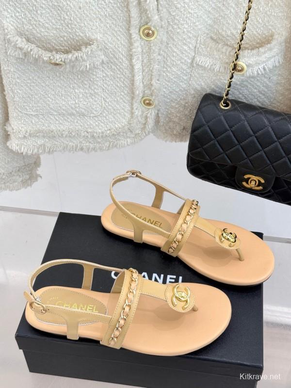2025 Women Chanel Apricot Leather Sandals KFY00250