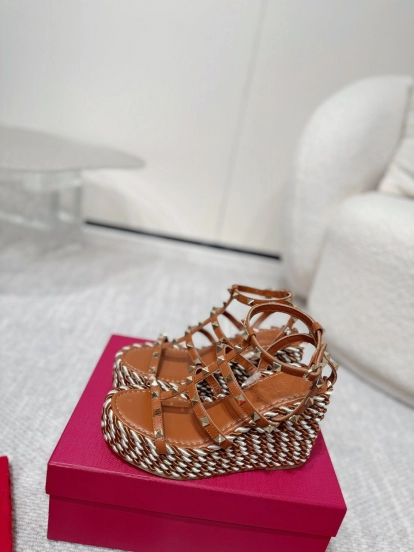 2025 Women Valentino Brown Leather Wedge Sandals Braided Cotton LY00290