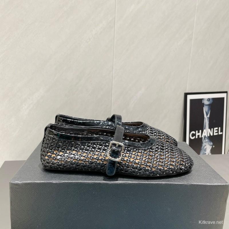 2025/Women Alaïa Black Woven Leather Mary Jane Flats LY00360(F)
