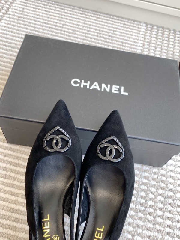 2025 Women Chanel Black Suede Slingback Heels CC Logo KFY00300