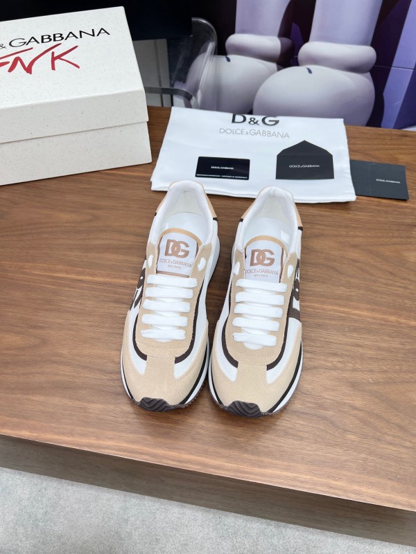 2025 Unisex Dolce & Gabbana White Beige Suede Mesh Sneakers LY00300