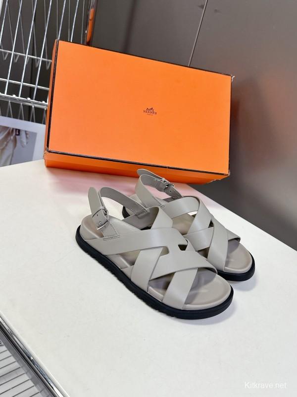 2025 Women Hermès Beige Leather Slippers