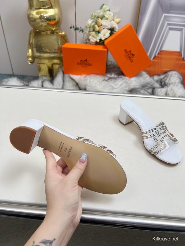 2025 Herme* White Leather Slippers Classic H Pattern MJ00180/215