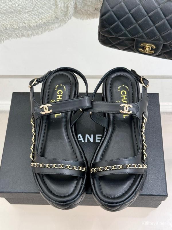 2025 Women Chanel Black Lambskin Platform Sandals Chain KFY00270