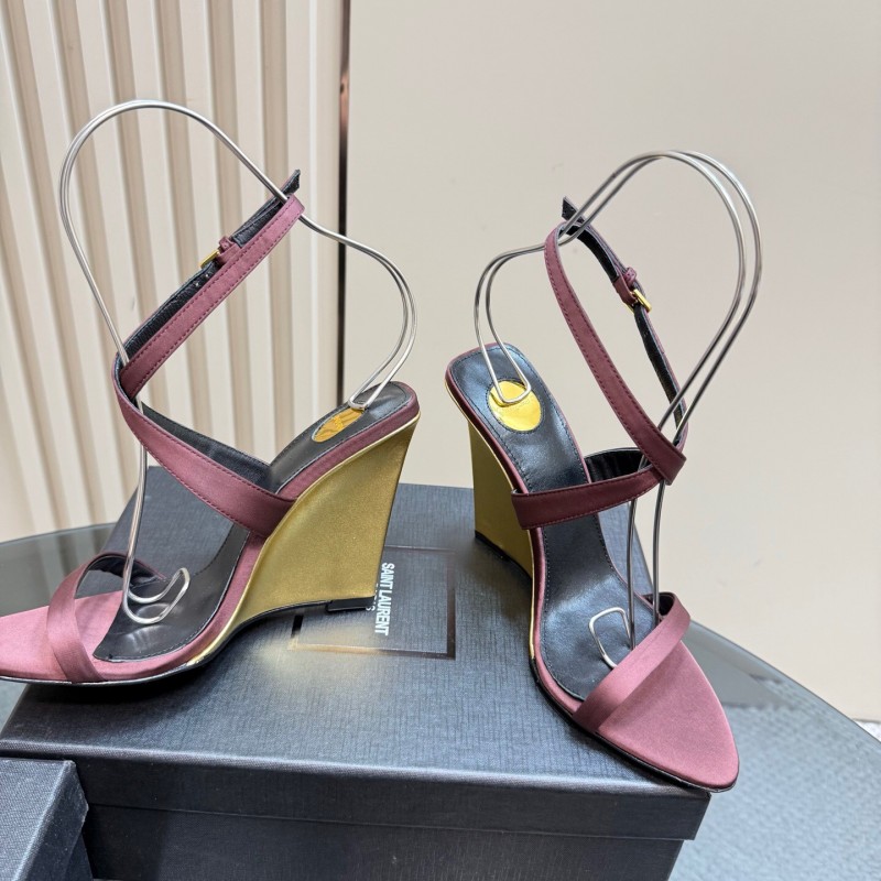 2025 Women Yves Saint Laurent Burgundy Suede Wedge Sandals Elegant Strappy Design KFY00290 (F)