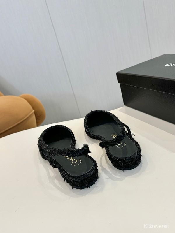 2025 Women Chanel Black Leather Tweed Ballet Flats LY00240