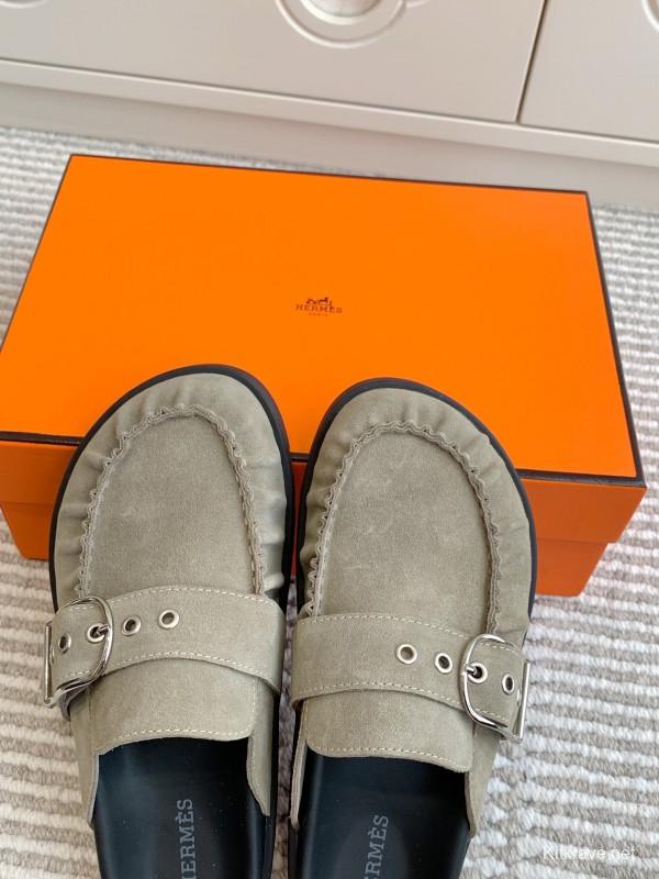 2025 Women Hermès Grey Suede Mule Shoe KFY00290