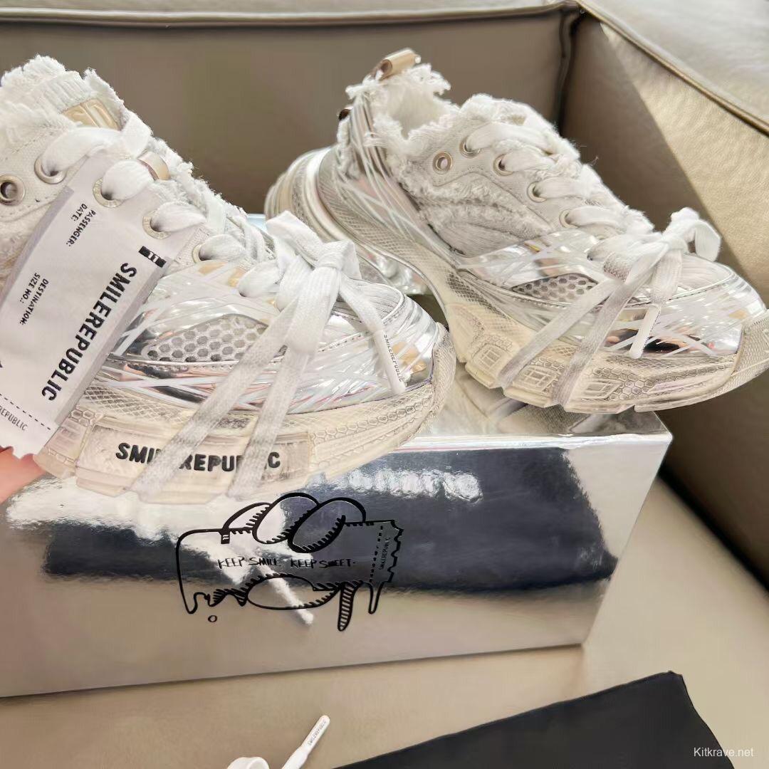2025 Women Smile Republic White Silver Mesh Leather Sneakers