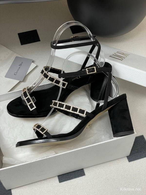 2025 Women Dior Black Suede Crystal Embellished Strap Sandals