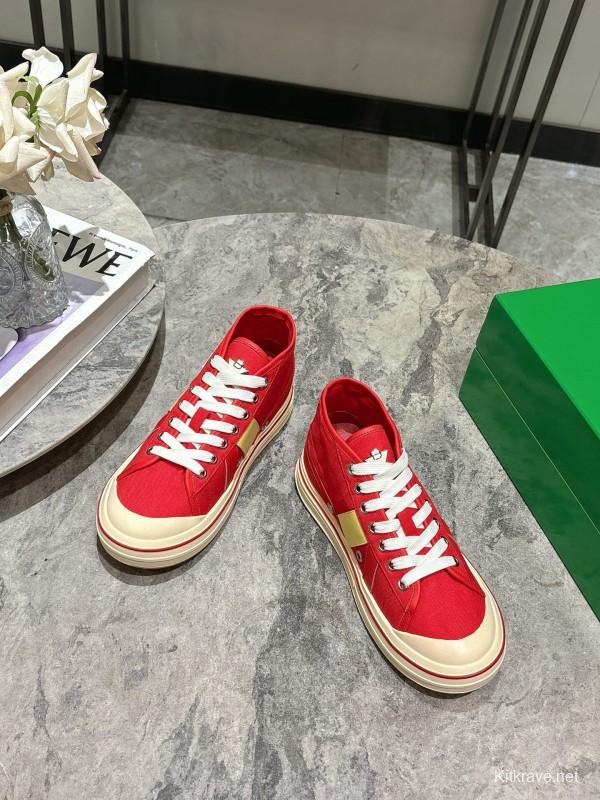 2025 Unisex Bottega Veneta Red Yellow Canvas Leather Sneakers Hand Painted KFY00260(F/M)