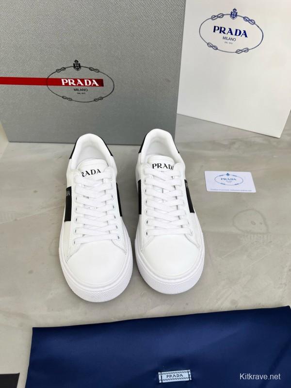 2024 Unisex Prada White Black Silk Calfskin Leather Sneakers MJ00310