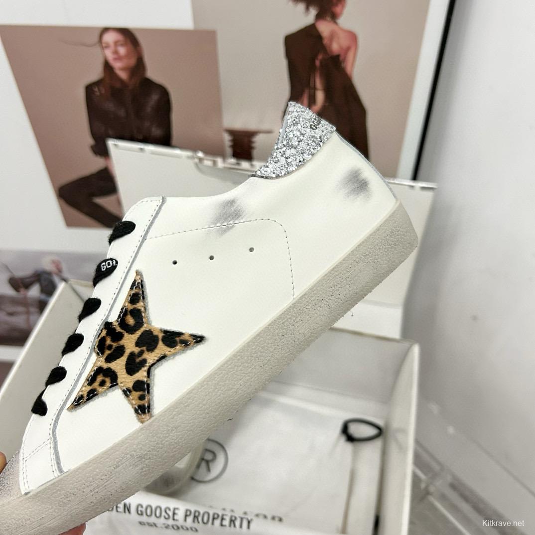 2025 Women GGDB White Black Leopard Print Leather Sneakers