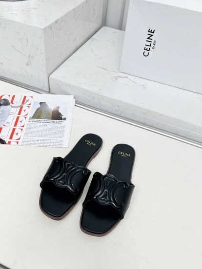 2025 Women Celine Black Leather Slippers LY00190